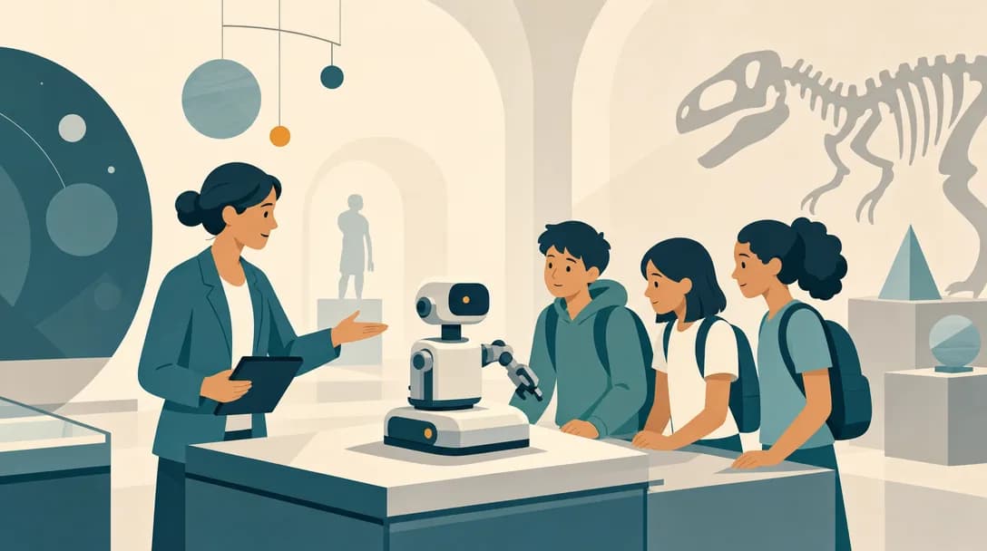示意插圖:科學館展示廳中,一台小型桌上教學機器人放在示範檯上,三名學生在旁觀看,一位老師正在講解。